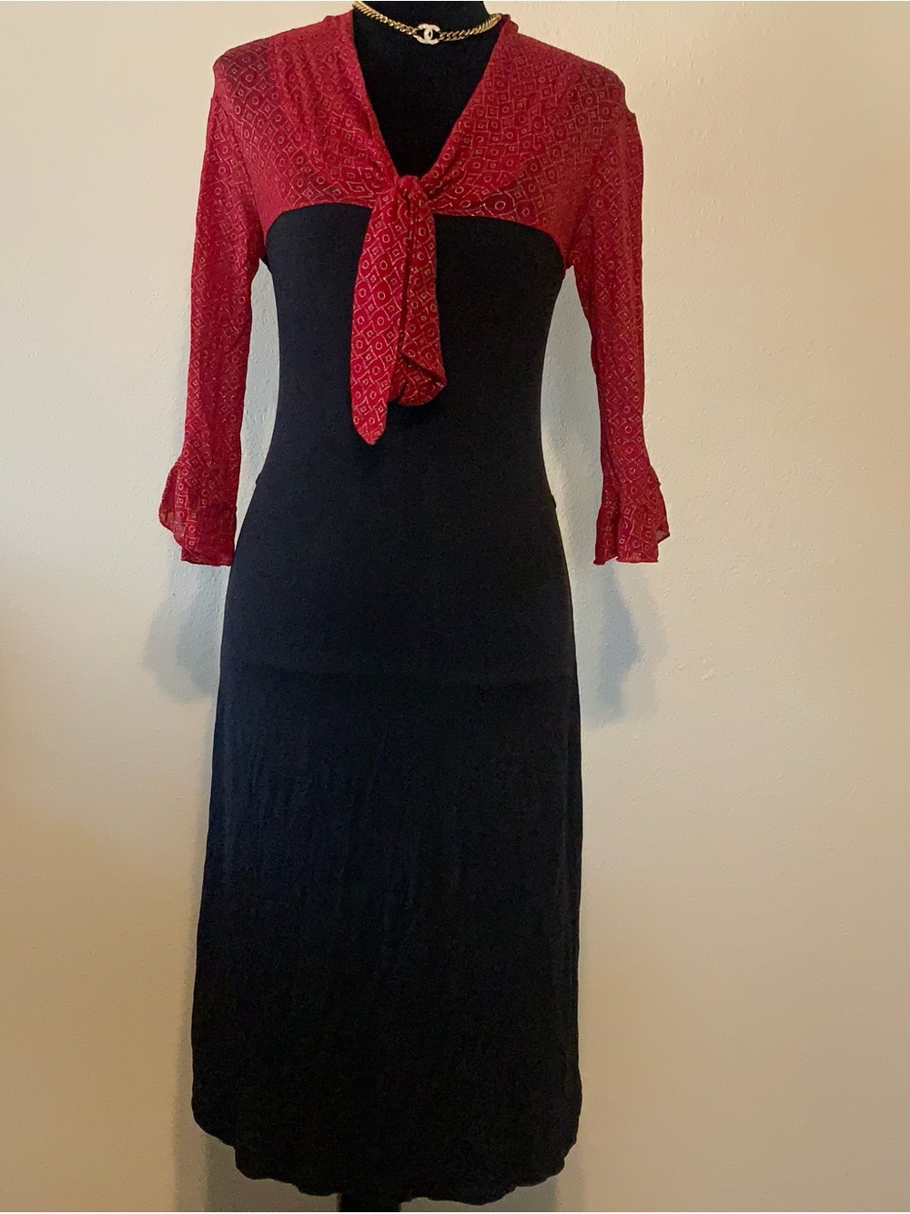 Euro Paris Y2K Black Midi Dress with Red Tie-Front Bodice